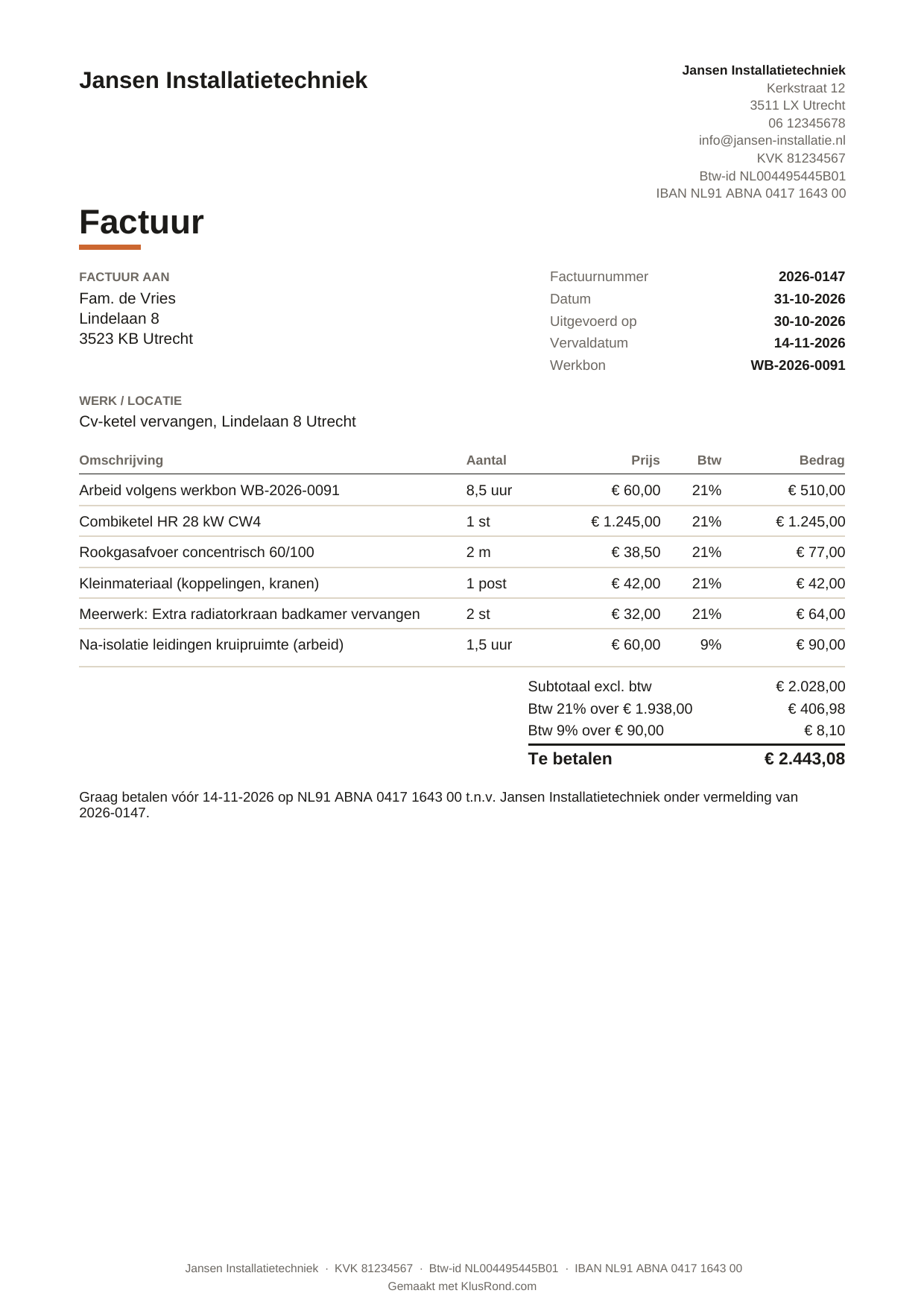 Voorbeeld van een factuur gemaakt met KlusRond, met btw, KVK-nummer en betaalgegevens